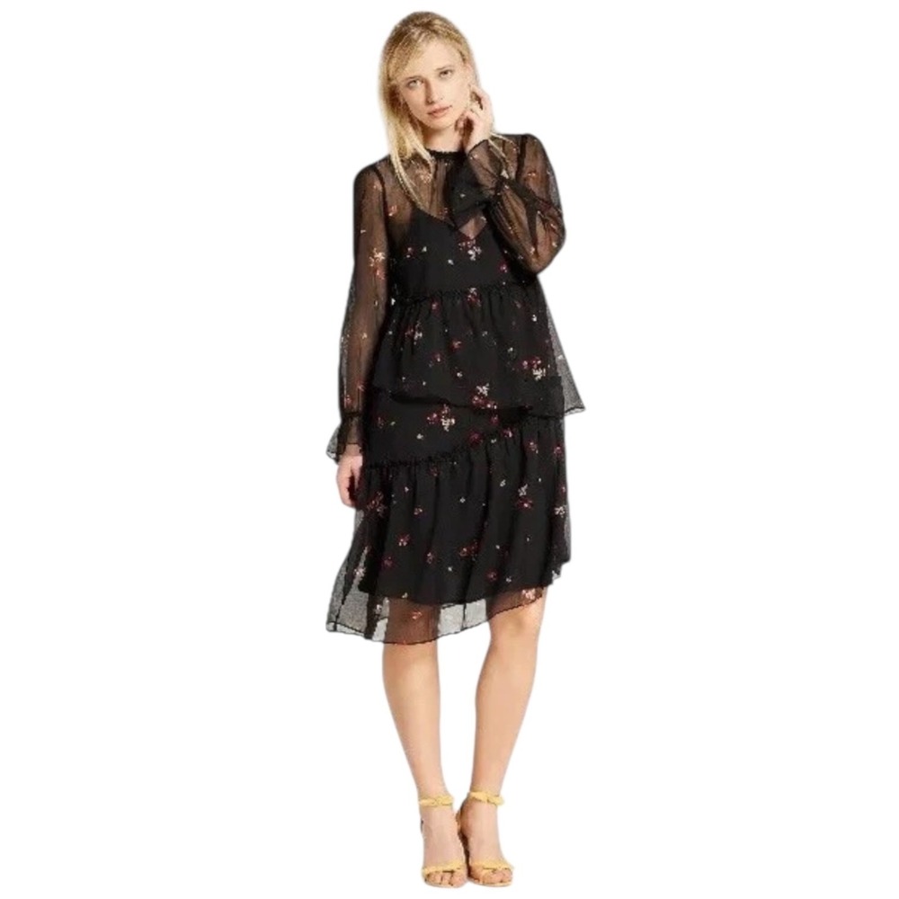 Who What Wear Black Floral Chiffon Tiered Midi Dress S Boho Prairie Long Sleeve